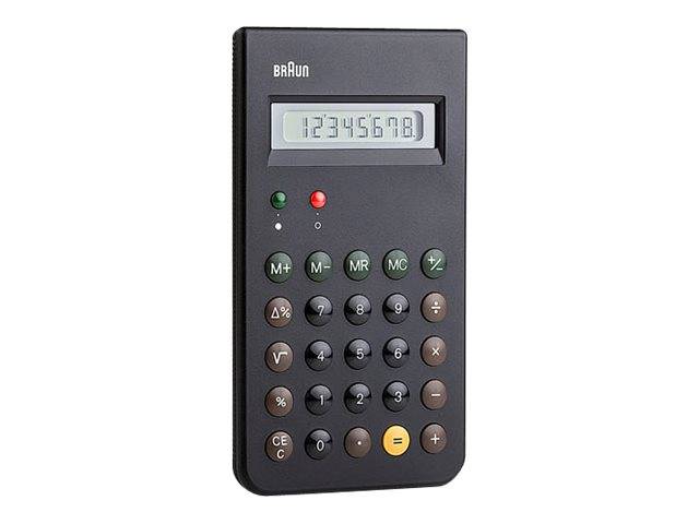 Ein schwarzer Taschenrechner mit einer digitalen Anzeige, die '123456789' zeigt. Er verfügt über mehrfarbige Funktionstasten unterhalb des Bildschirms.