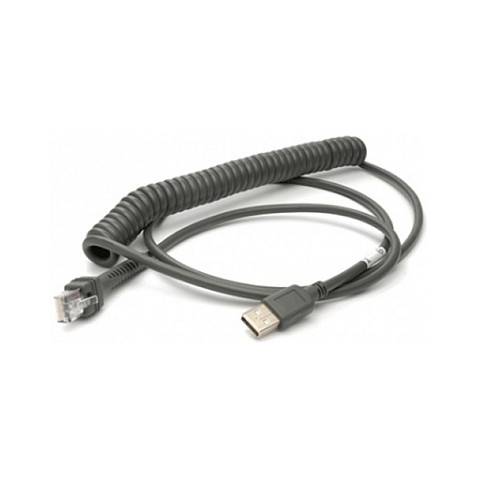 Aufgerolltes USB-Kabel mit RJ45-Ethernet-Stecker und USB-Anschluss auf weißem Hintergrund.