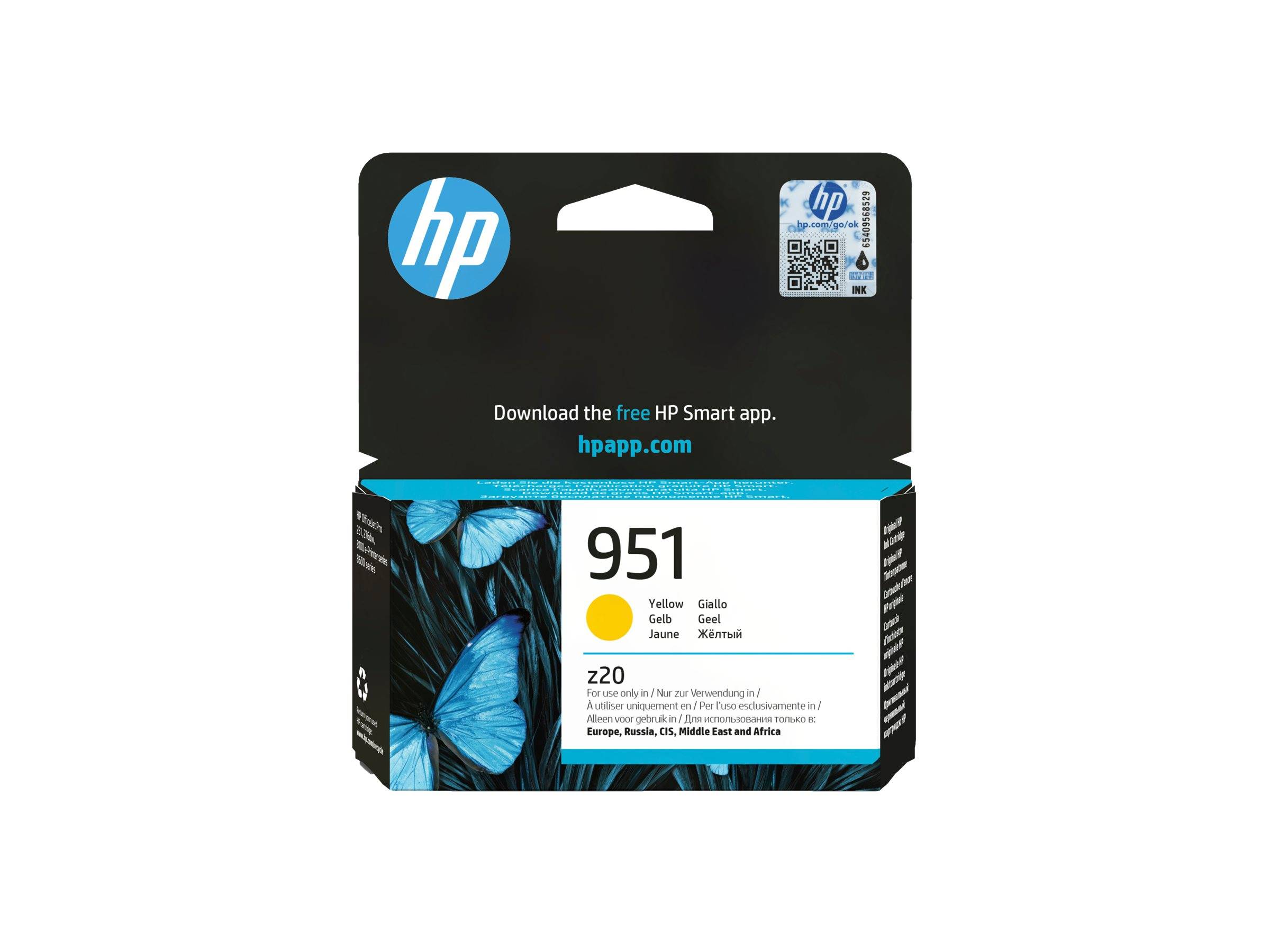 HP 951 Gelbe Tintenpatrone mit blauen Schmetterlingen und Text „Laden Sie die kostenlose HP Smart-App herunter