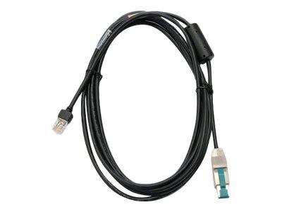 Schwarzes Ethernet-Kabel mit einem RJ45-Stecker an einem Ende und einem blauem Modularstecker an der anderen Seite, aufgewickelt auf weißem Untergrund