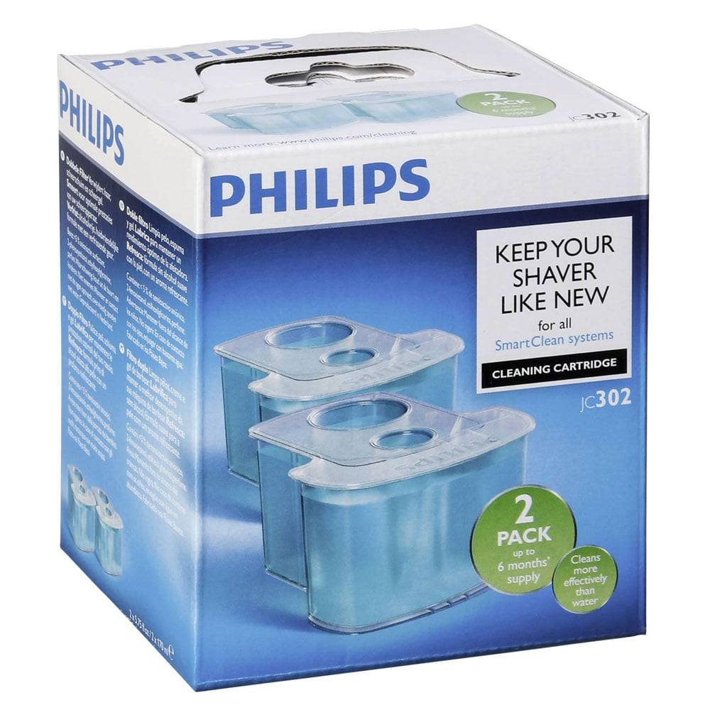 Philips SmartClean Reinigungskartusche 2er-Pack für Rasierer, mit der Bezeichnung jc302, dargestellt auf der Produktverpackung.
