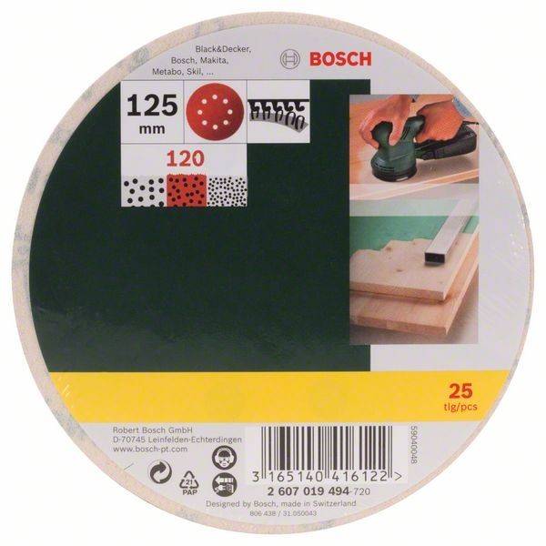Bosch' Schleifscheibe Verpackung mit Beschriftung '125 mm', enthält 25 Stück, geeignet für Black and Decker, Makita, Metabo und andere Marken.