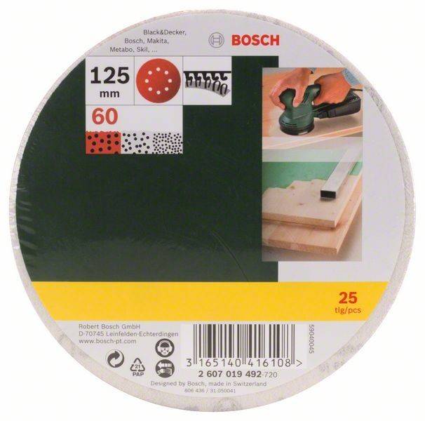 Bosch Schleifscheiben-Set, 125mm, 60 Körnung, kompatibel mit verschiedenen Marken. Abbildung zeigt Schleifscheibe und Anwendungen, 25 Stück.