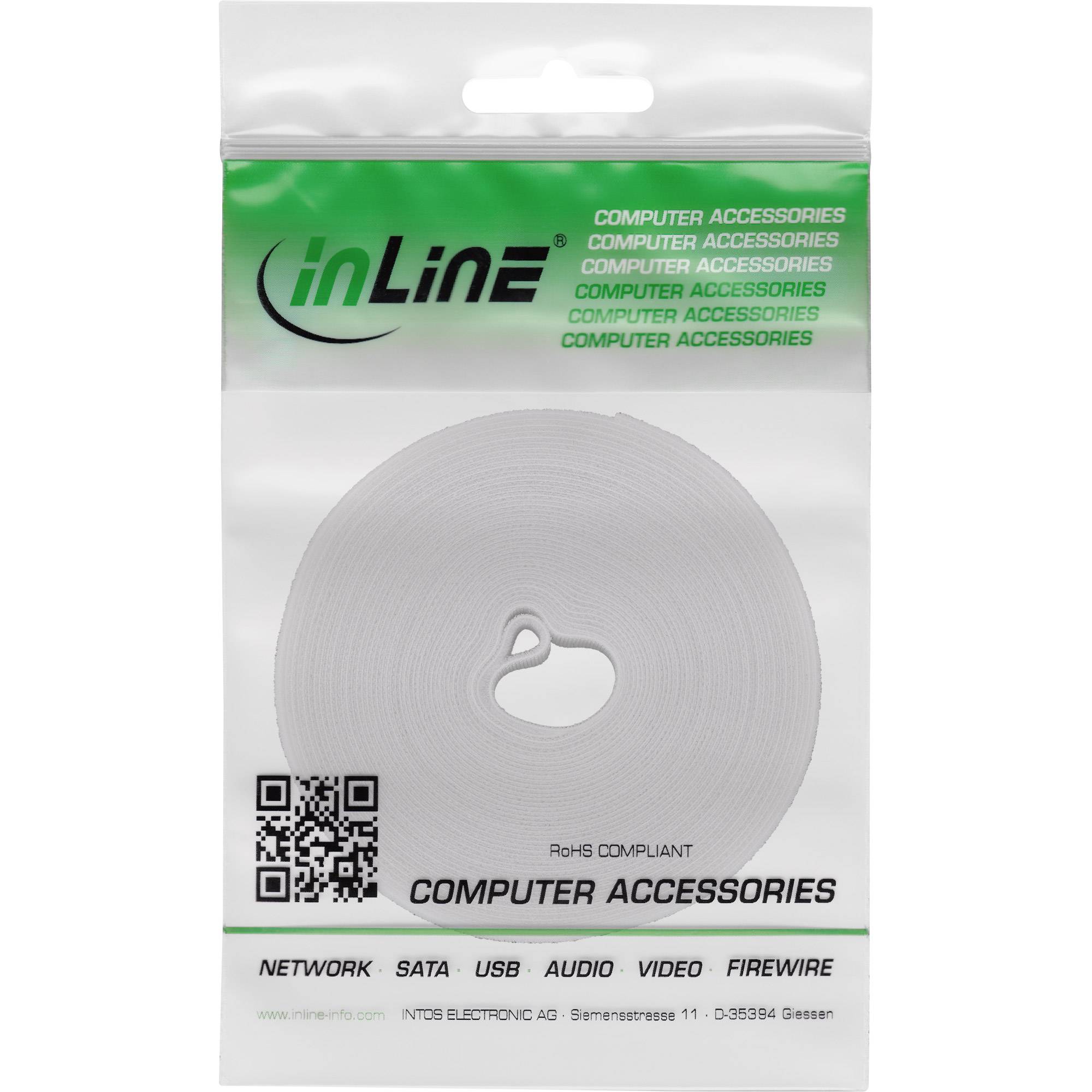 Paket mit inLine-Computerzubehör mit einer großen weißen Kabelrolle, QR-Code und Text mit Auflistung von Netzwerk, SATA, USB, Audio, Video und FireWire.