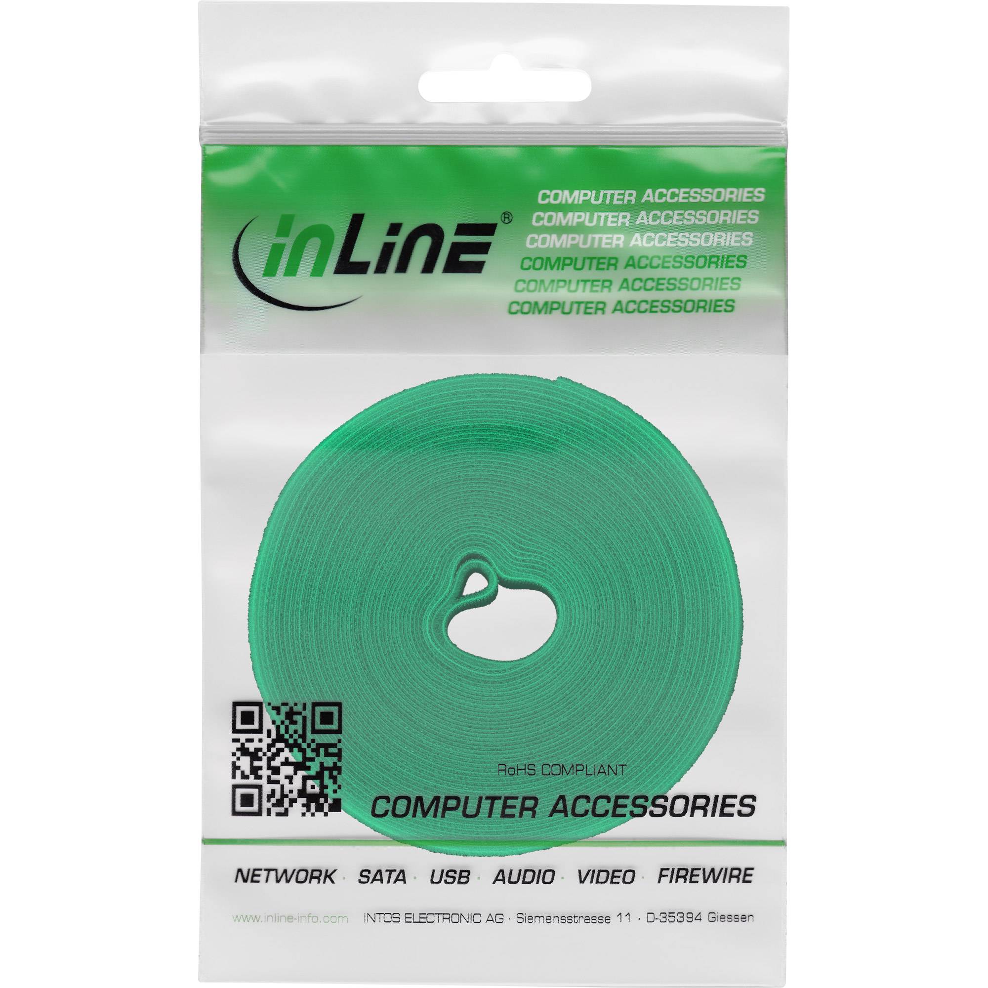 Paket mit grünem inLine Computer-Zubehör-Klebeband oder Kabelwrap, gekennzeichnet mit "COMPUTERZUBEHÖR"" mit QR-Code und aufgelisteten Verbindungstypen am unteren Rand.