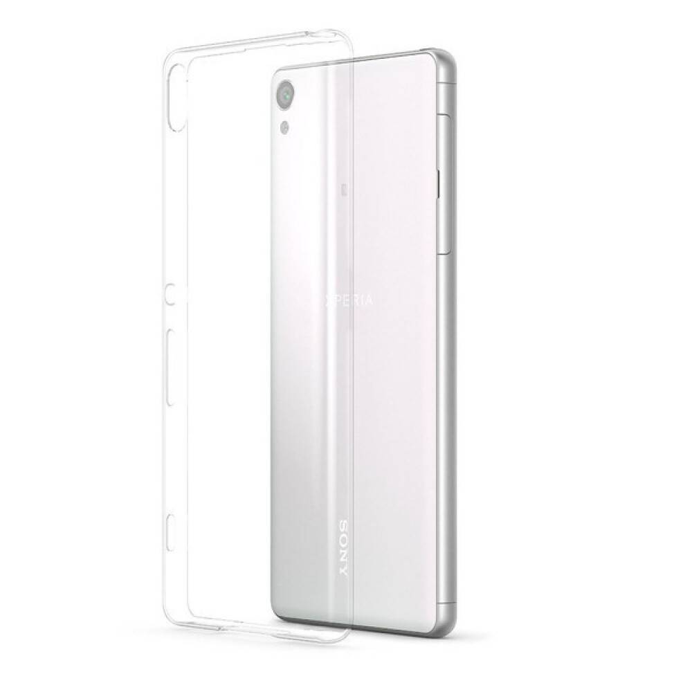 Silbernes Sony-Smartphone, das mit einer transparenten Schutzhülle daneben gezeigt wird, Vorder- und Rückansichten auf weißem Hintergrund.