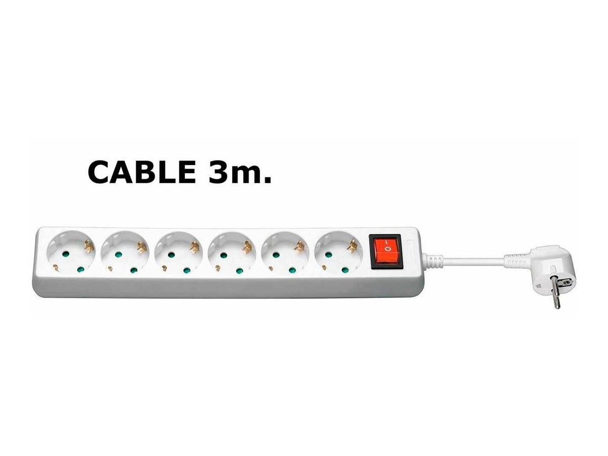 3-Meter-Steckdosenleiste mit sechs Steckdosen, ein-/ausschaltbarem Schalter und gewinkltem Stecker, mit der Aufschrift „KABEL 3m