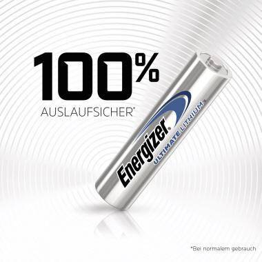 Energizer Ultimate Lithium-Batterie-Anzeige mit geneigter silberner Batterie und Text „100% AUSLAUFSICHER