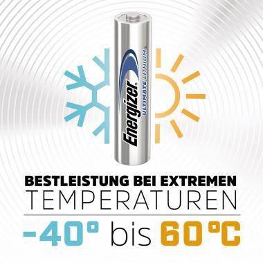 Energizer Ultimate Lithium Batterie mit Schneeflocken- und Sonnensymbolen, die beste Leistung bei extremen Temperaturen von -40°C bis 60°C bewirbt.