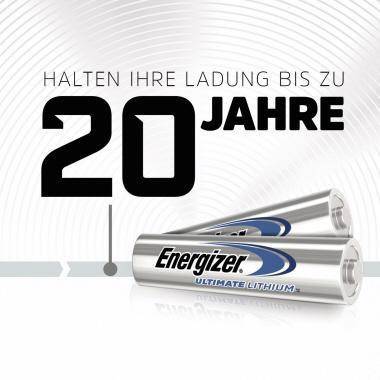 Energizer Ultimate Lithium Batterien Angebot mit deutschem Text „Halten Ihre Ladung bis zu 20 Jahre