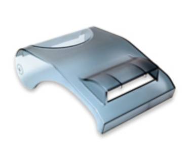 Eine blaue, geschwungene Desktop-Computermaus mit Scrollrad und vorderer Tastenbereich auf weißem Hintergrund.
