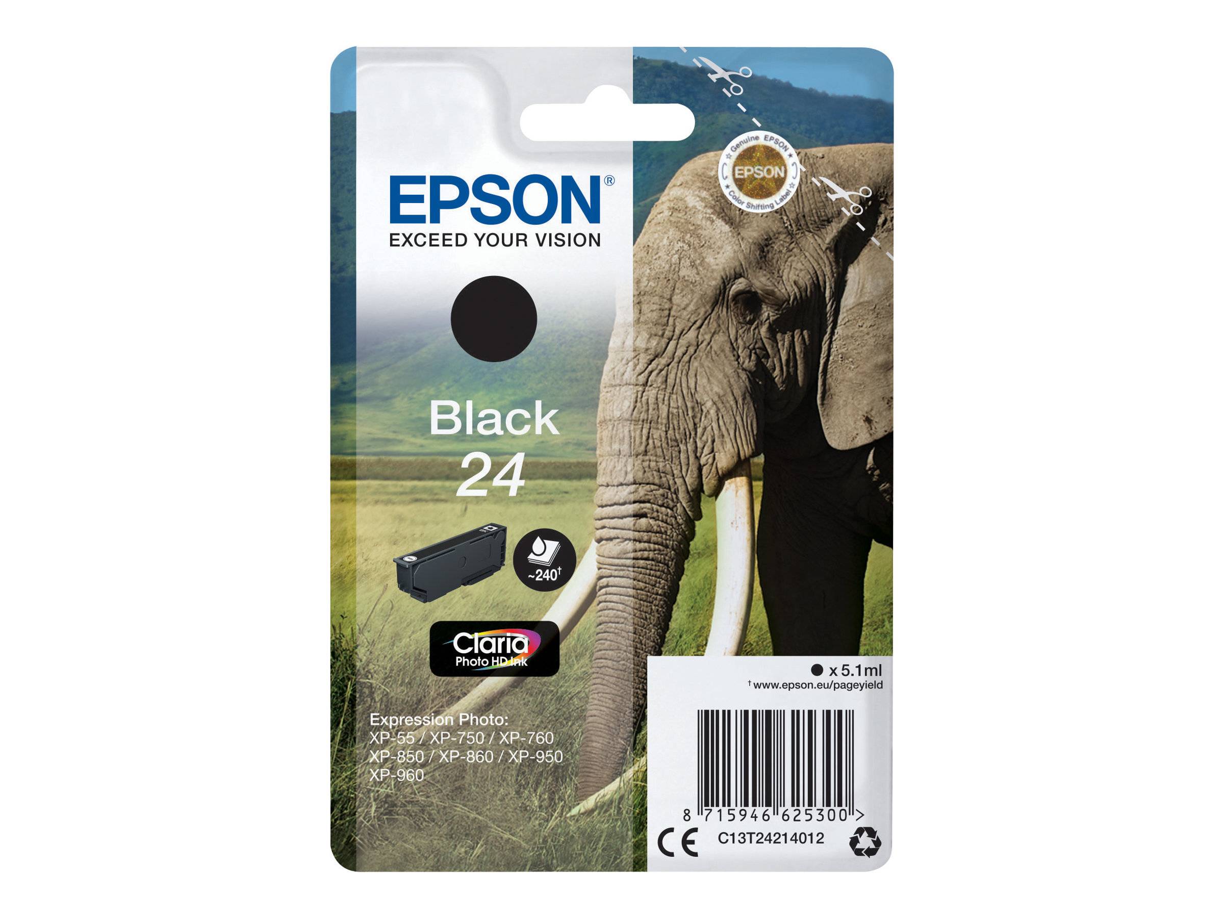 Epson schwarze Tintenpatrone Verpackung mit Bild eines Elefanten in einem Grasfeld. Kompatibel mit Expression Photo XP-Druckern der Serie.