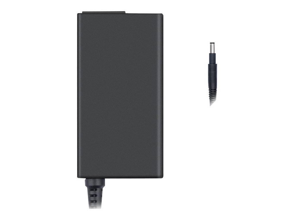 Ein schwarzes Laptop-Ladegerät mit einem rechteckigen Netzteil und einem dünnen zylindrischen Stecker auf weißem Hintergrund.
