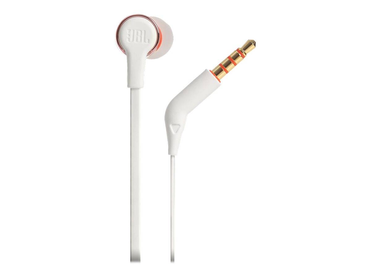 Weiße kabelgebundene In-Ear-Kopfhörer mit abgewinkeltem 3,5-mm-Audiostecker, dargestellt in Front- und Seitenansicht auf weißem Hintergrund.