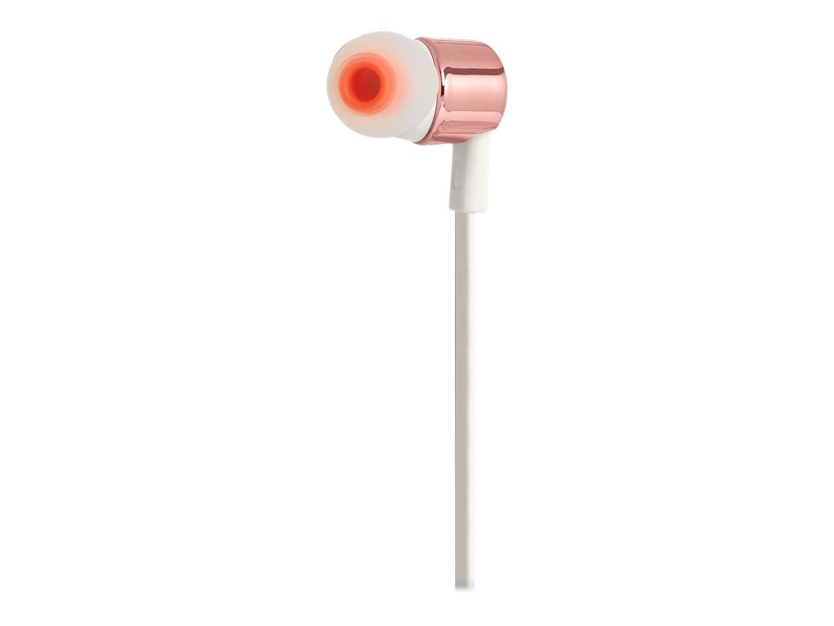 Nahaufnahme eines kleinen elektronischen Geräts in Roségold und Weiß mit einer leuchtend roten kreisförmigen Spitze und langem weißen Griff auf einem einfachen Hintergrund.