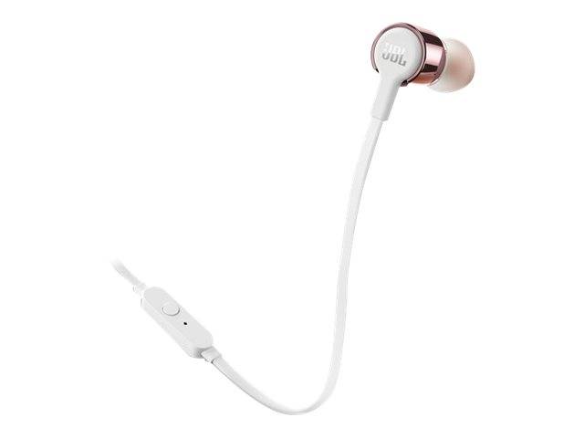 Weiße JBL-In-Ear-Kopfhörer mit einer Inline-Fernbedienung und einem gebogenen Nackenband-Stil-Kabel auf weißem Hintergrund.