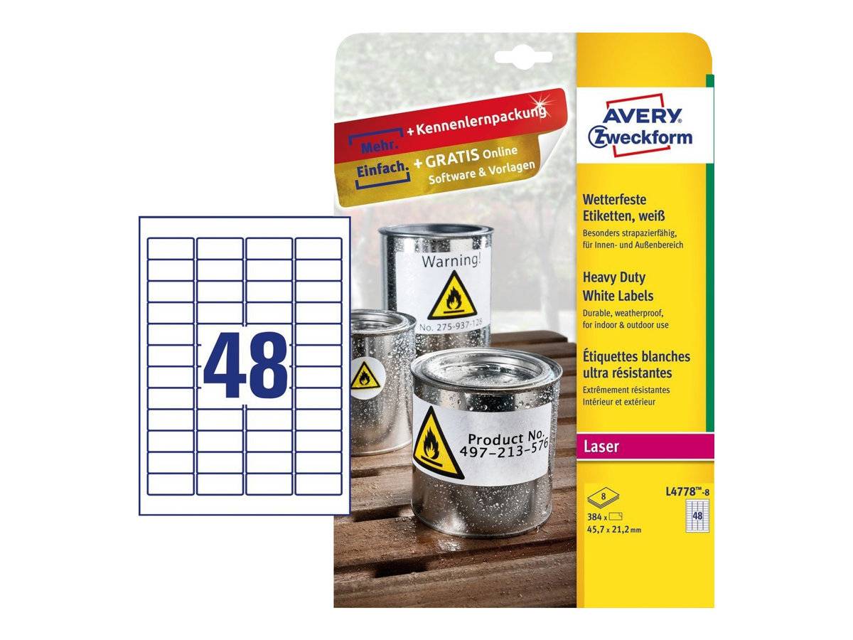 Avery Zweckform L4778-8 - Polyester - permanenter Klebstoff - weiß - 45.7 x 21.2 mm 384 Etikett(en) (8 Bogen x 48)