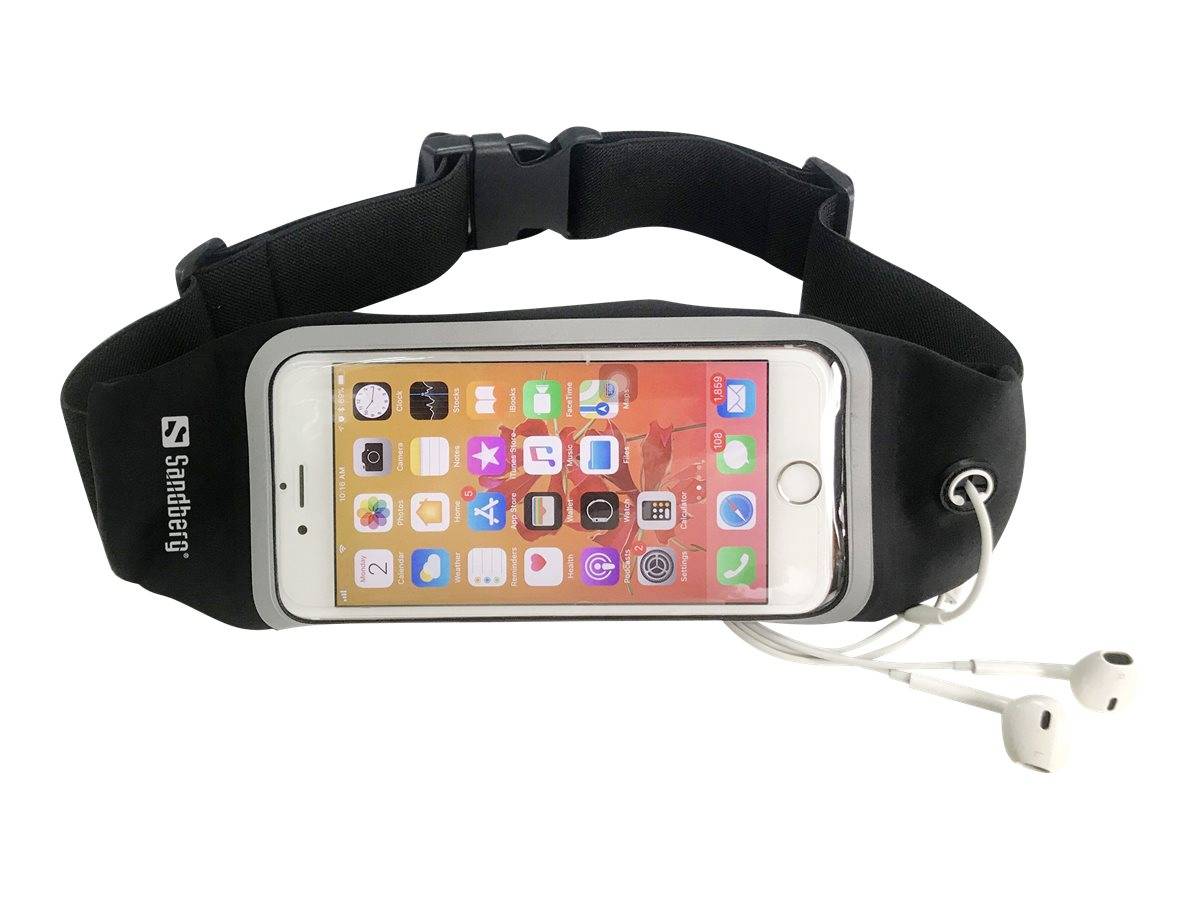 Schwarzer Hüftgürtel mit transparentem Handyetui, das ein Smartphone hält, plus Clip und weiße Ohrhörer angebracht.