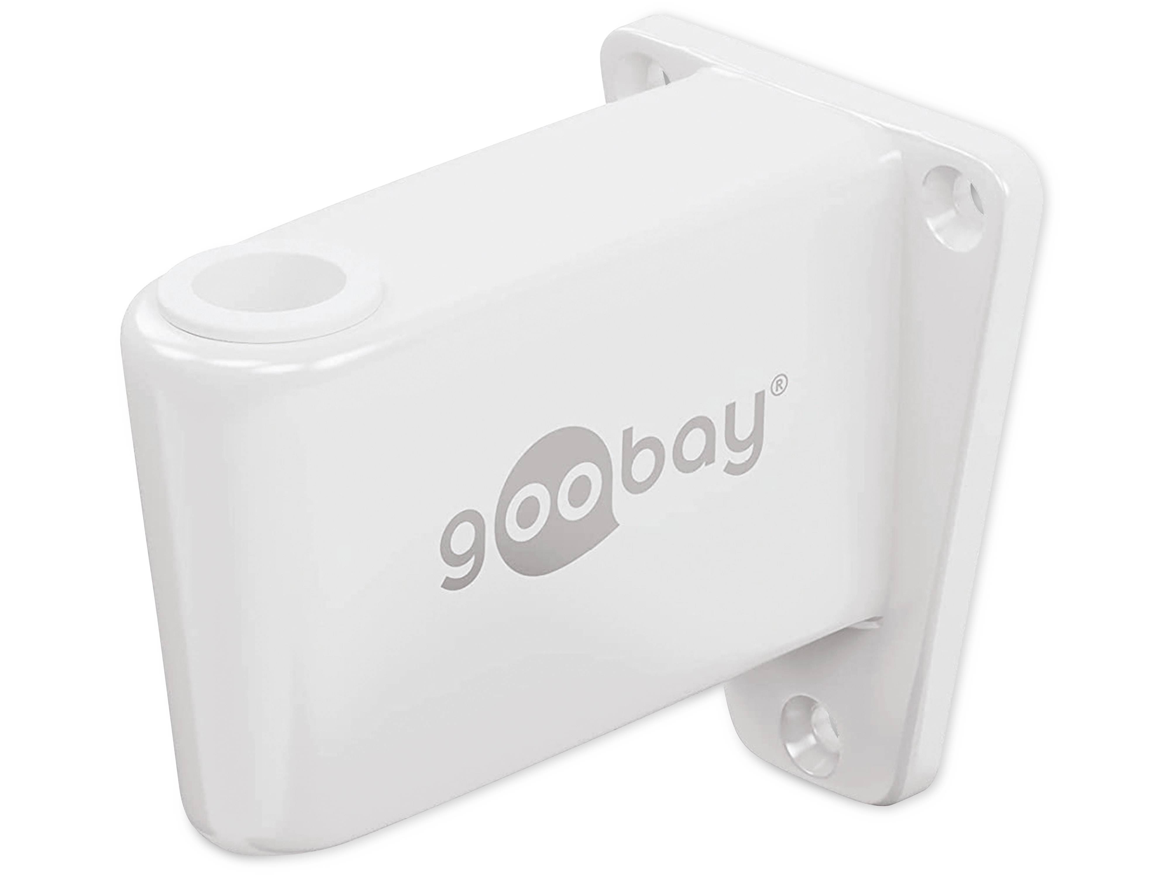 Eine weiße Kunststoff-Wandhalterung mit Befestigungslöchern, mit der Aufschrift 