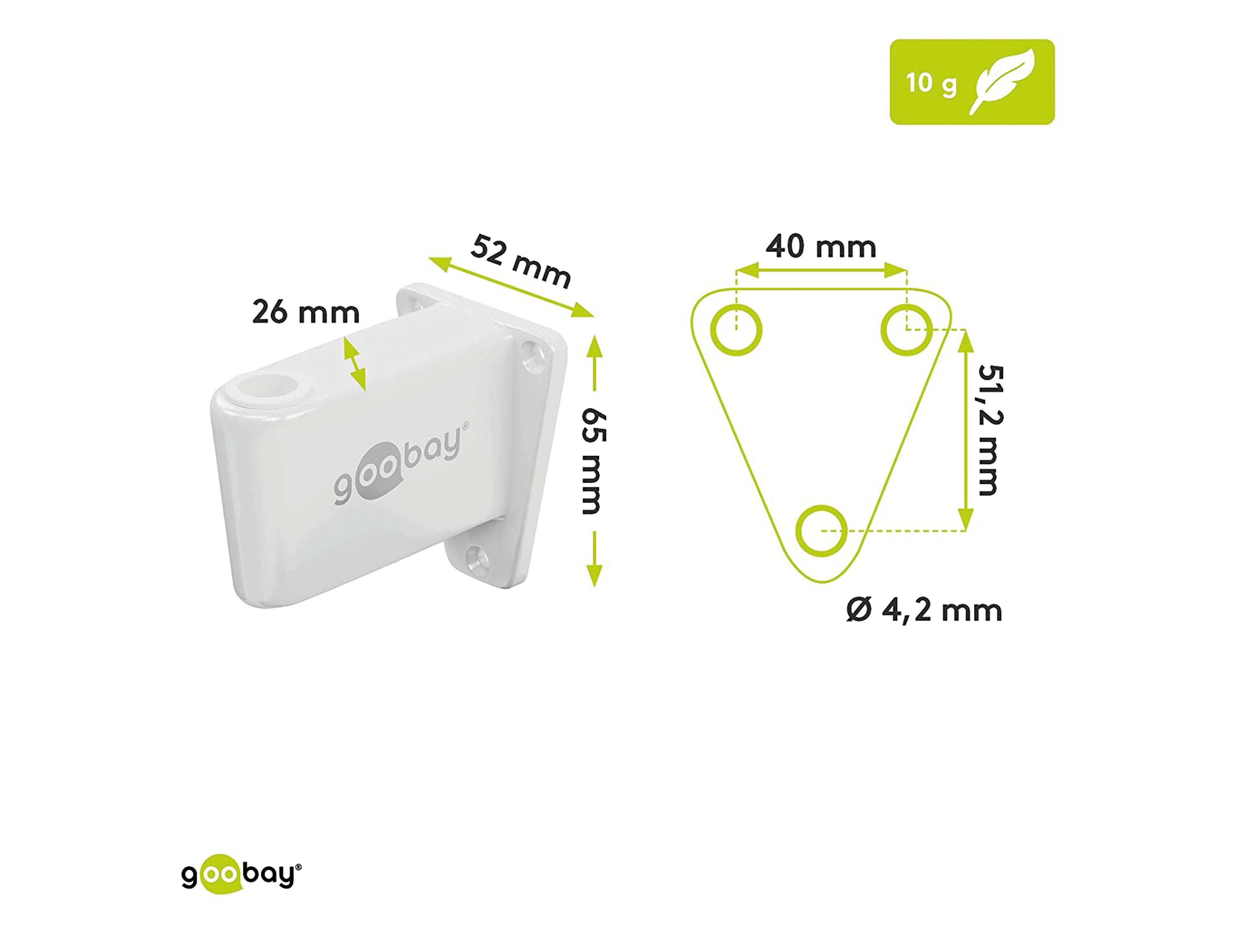 Goobay' weißer Halter mit Abmessungen: 65 mm Höhe, 52 mm Breite; Seitenansicht zeigt Befestigungslöcher. Wiegt 10 g.