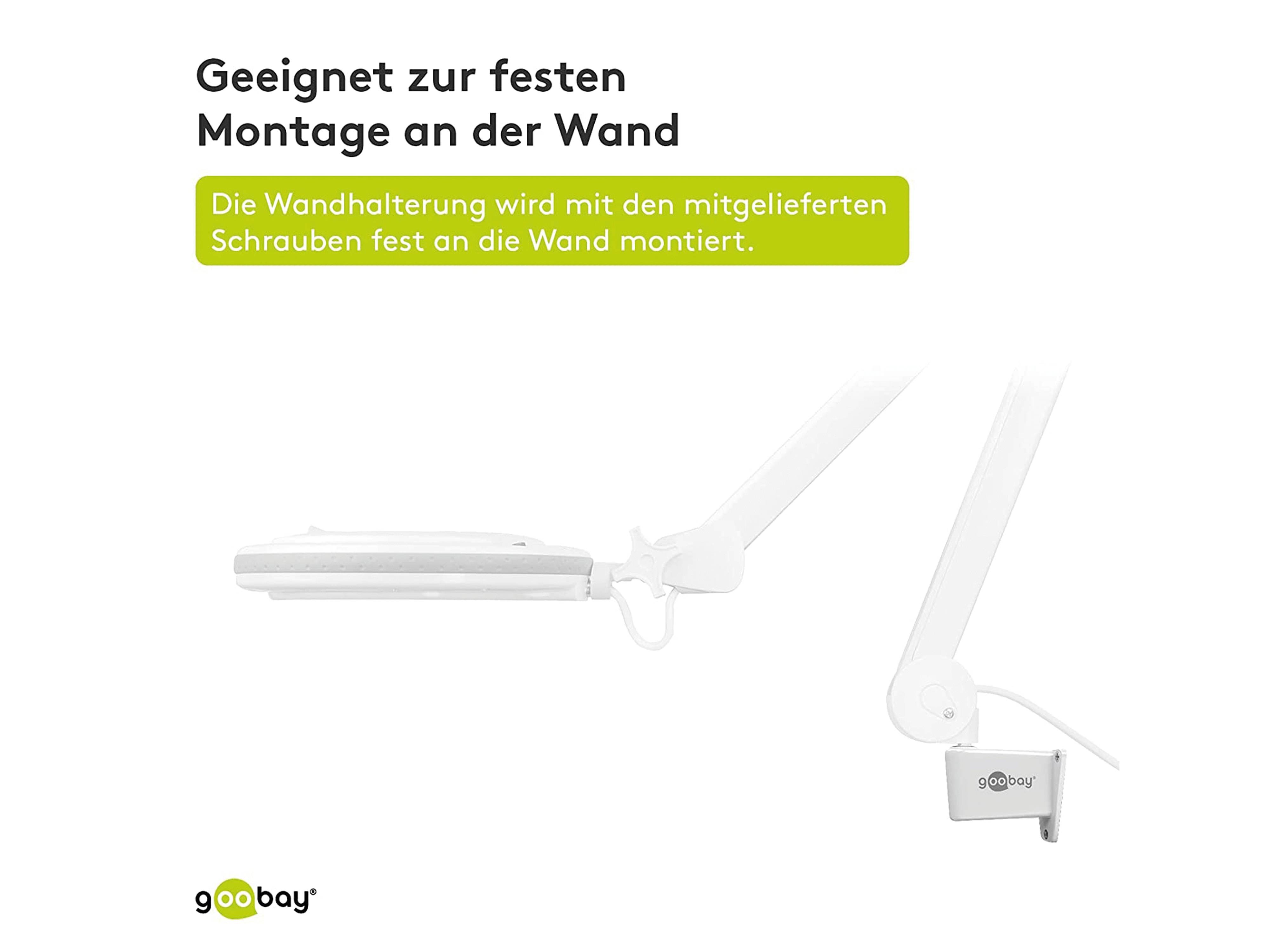 Ein Wandhalterung in Weiß wird gezeigt, konzipiert zur festen Wandmontage mit mitgelieferten Schrauben, hergestellt von goobay. Text lautet: 