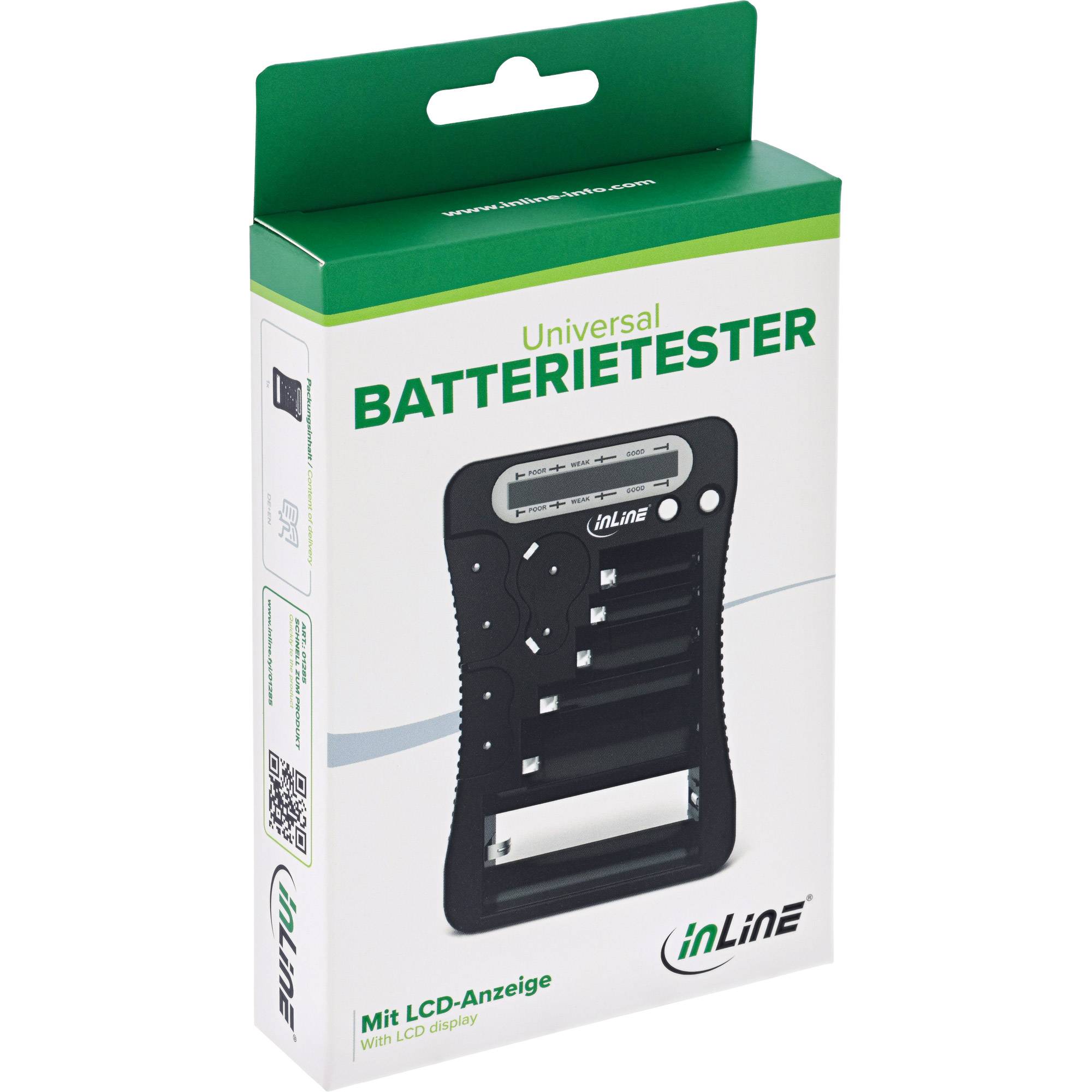 Schachtel für einen inLine universellen Batterietester mit LCD-Display, auf der Vorderseite ein schwarzer Batterietester abgebildet.