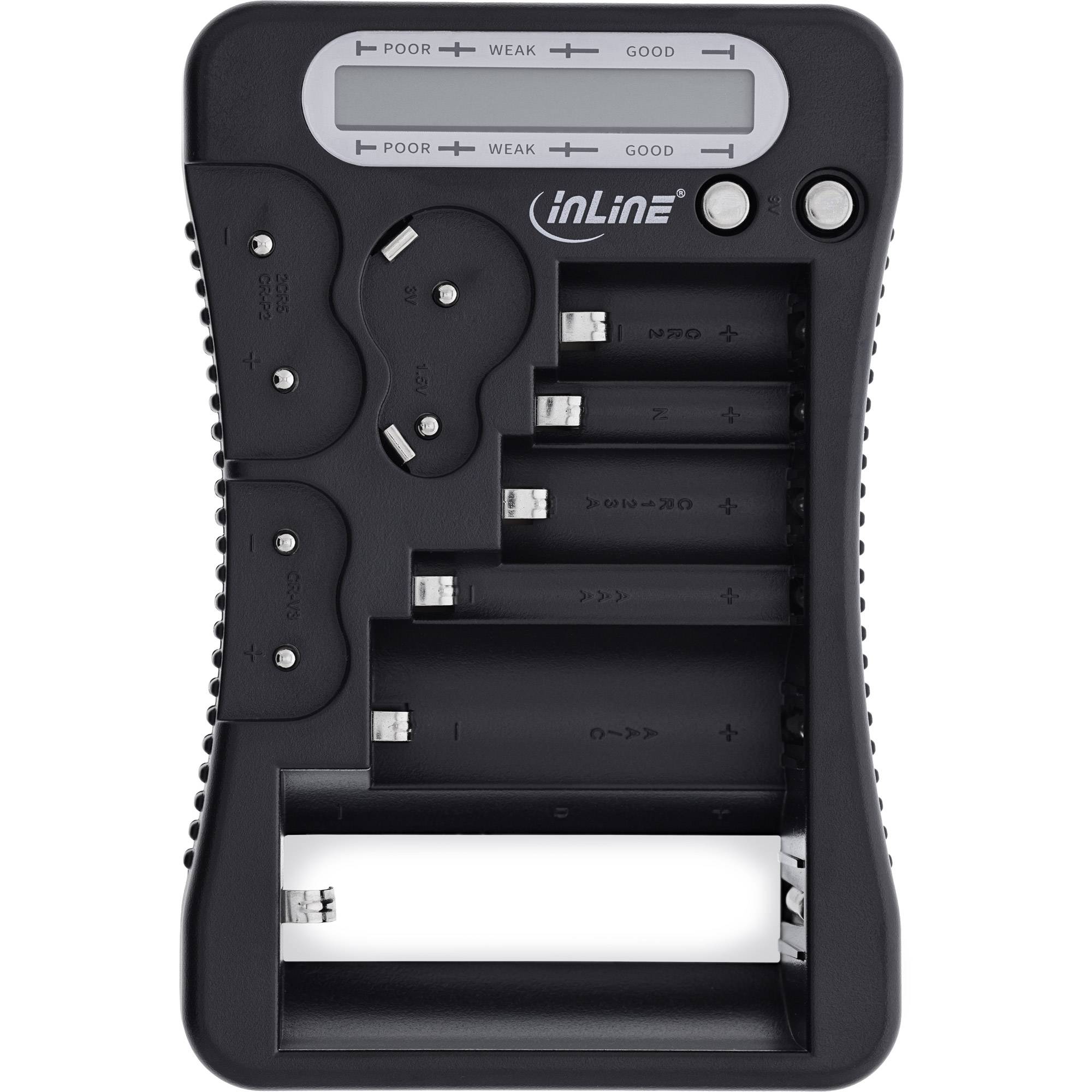Schwarzer Batterietester mit LCD-Display, Batterieschächte für AA/AAA und Tasten-Steuerung, zeigt Batterieladestände an.