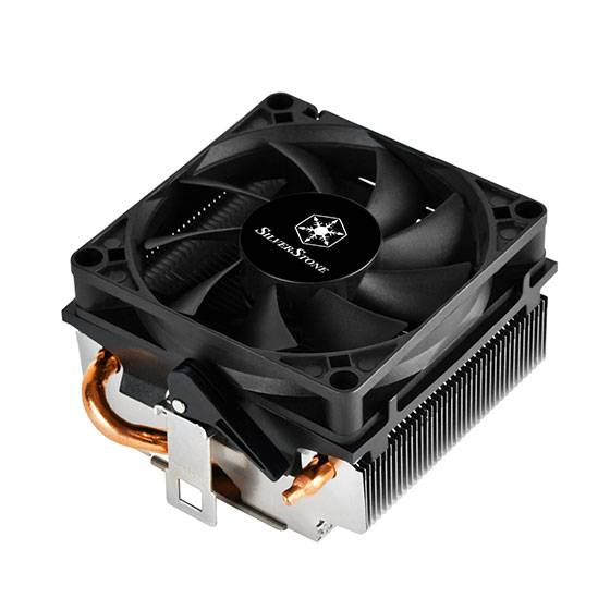 Schwarzer CPU-Kühler mit Lüfter und Kühlkörper, mit Kupferwärmerohr und SilverStone-Logo auf der Lüftternabe.