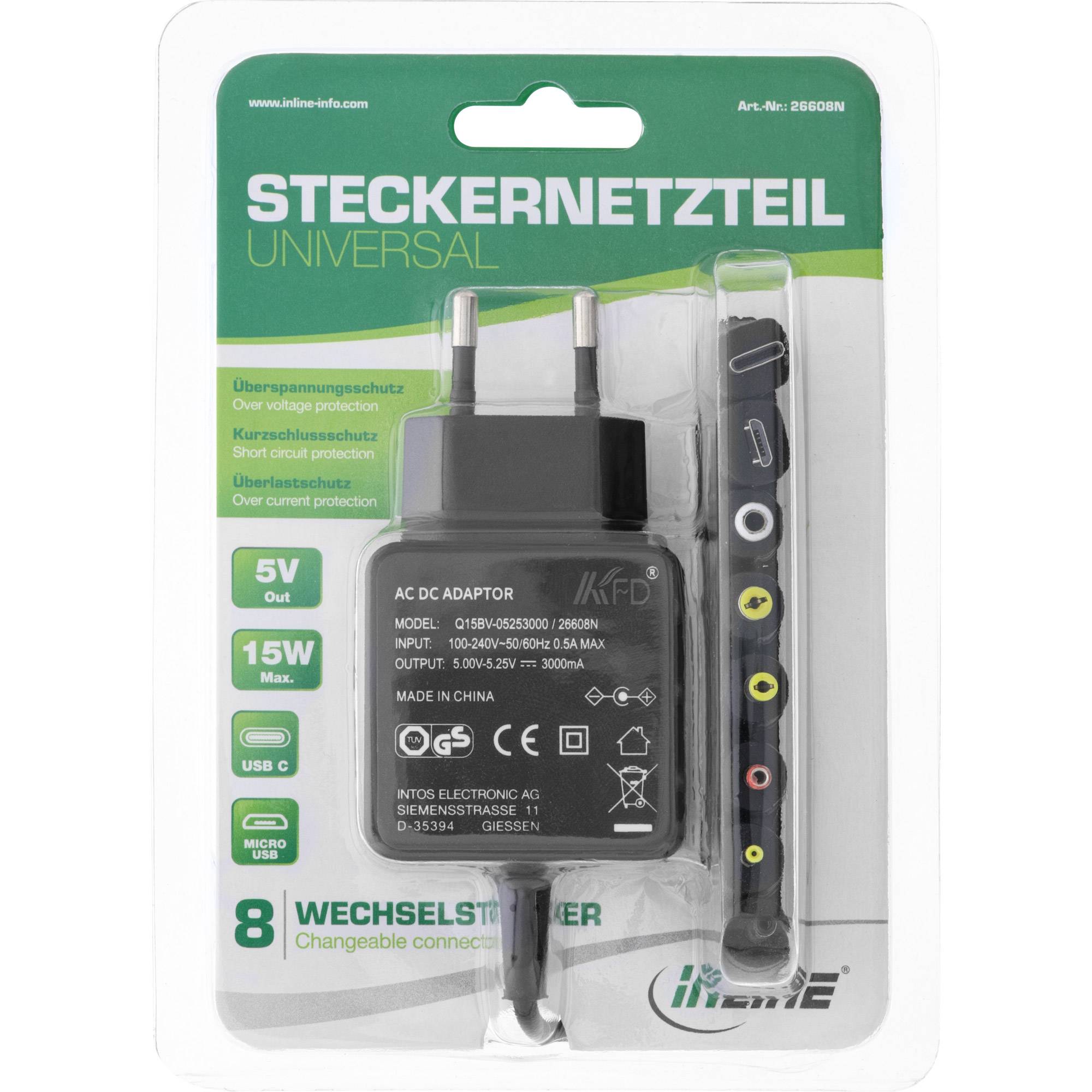 INLINE - Universal Steckernetzteil - 5V/15W - mit 8 Wechselsteckern Micro-USB USB-C