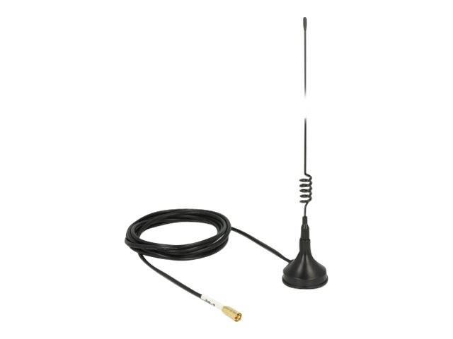 Schwarze magnetische Basisantenne mit langem Kabel und kleinem Goldstecker, gezeigt auf weißem Hintergrund.