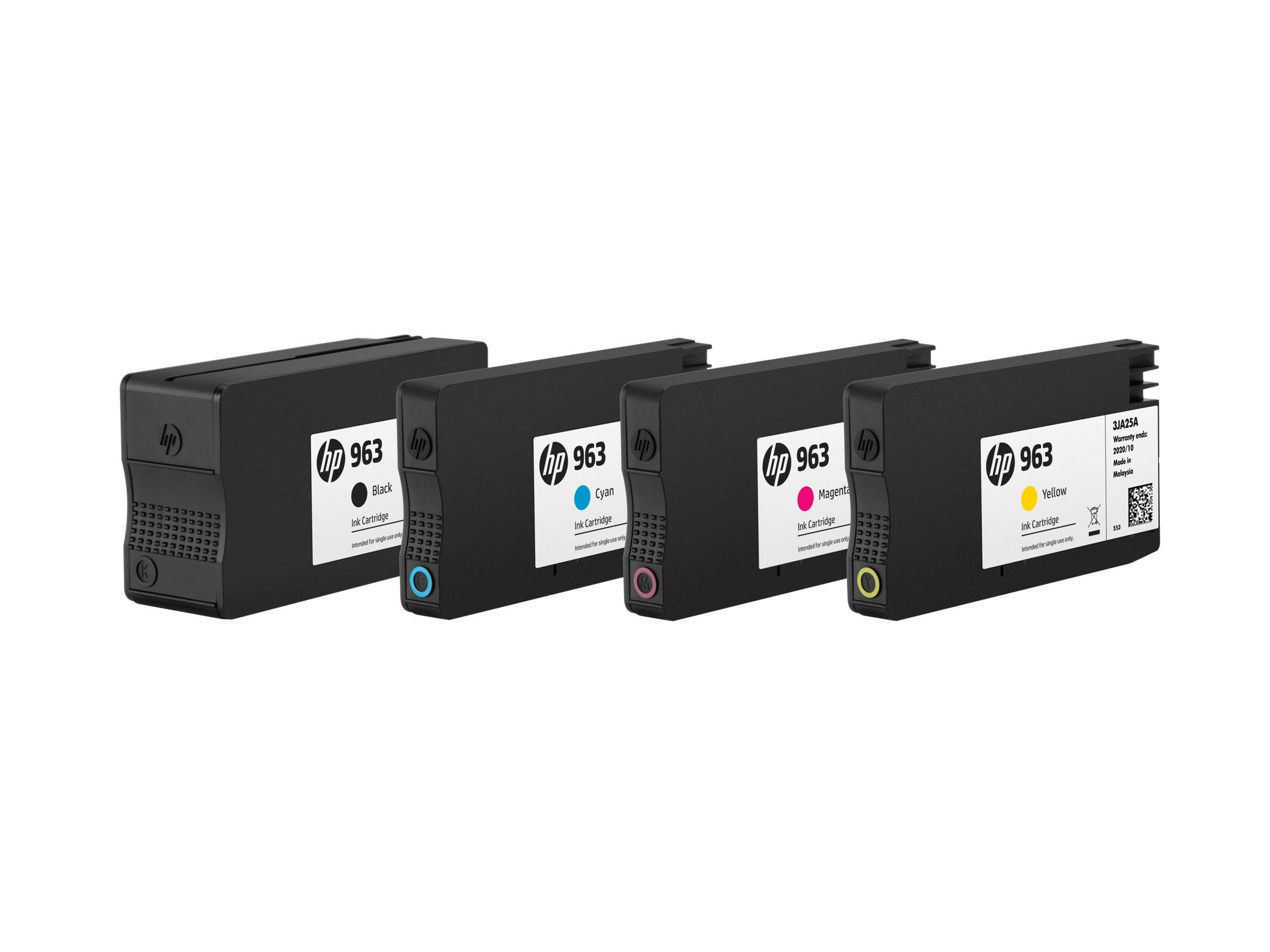 Vier HP 963 Tintenpatronen in Schwarz, Cyan, Magenta und Gelb.