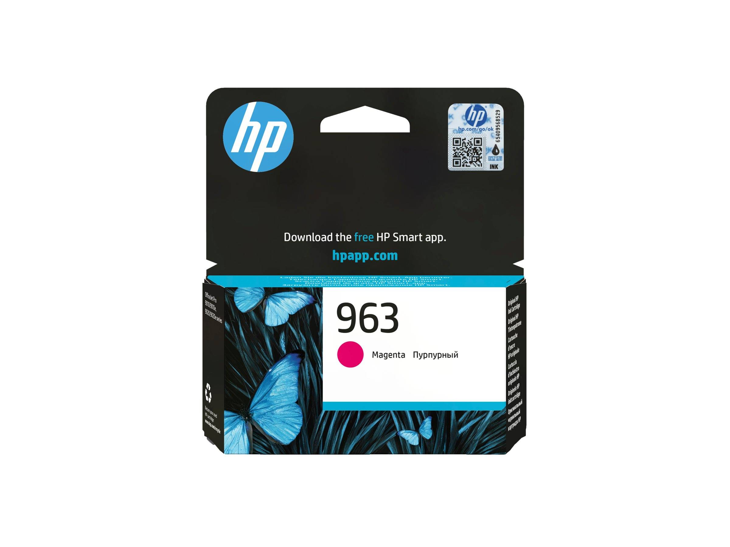 HP 963 Magenta-Druckerpatronen-Verpackung mit HP-Logo, Text „Laden Sie die kostenlose HP Smart App herunter. hpapp.com