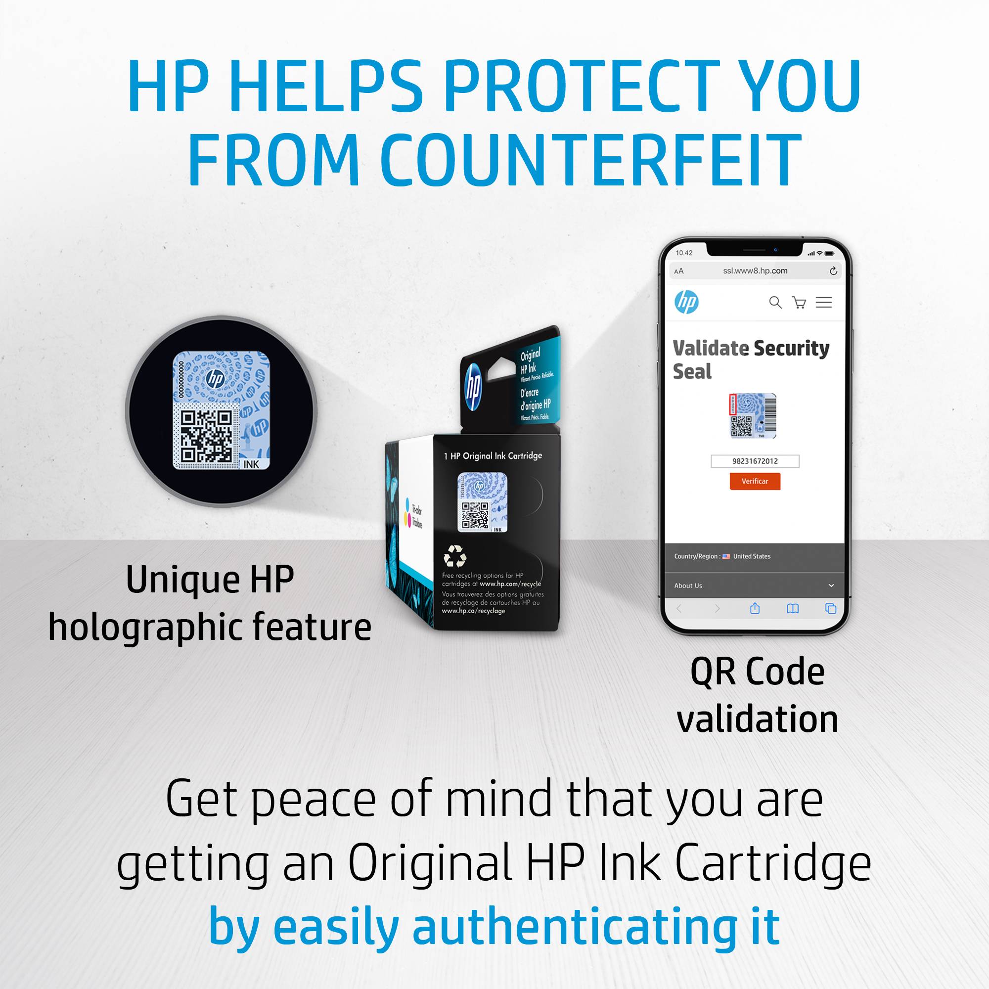 HP fördert den Schutz vor Fälschungen für eine Original-HP-Tintenpatrone durch ein holografisches Merkmal und eine QR-Code-Validierung auf einem Smartphone.
