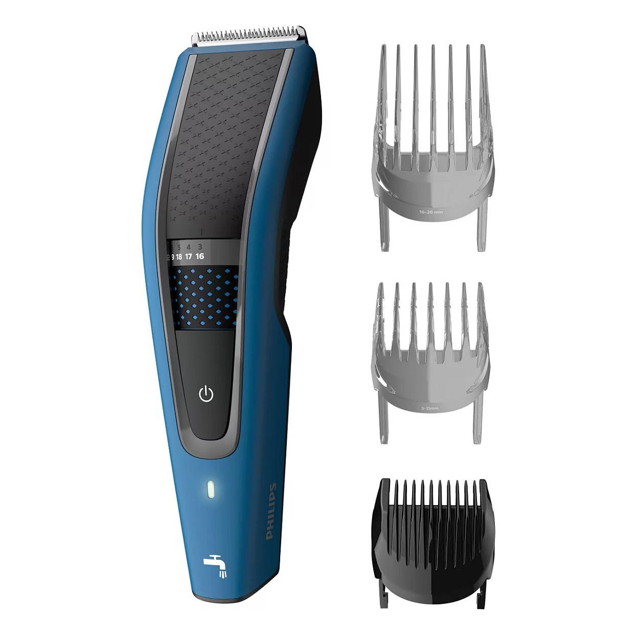Blauer Philips Elektrorasierer mit drei austauschbaren Kammaufsätzen, die daneben gezeigt werden.