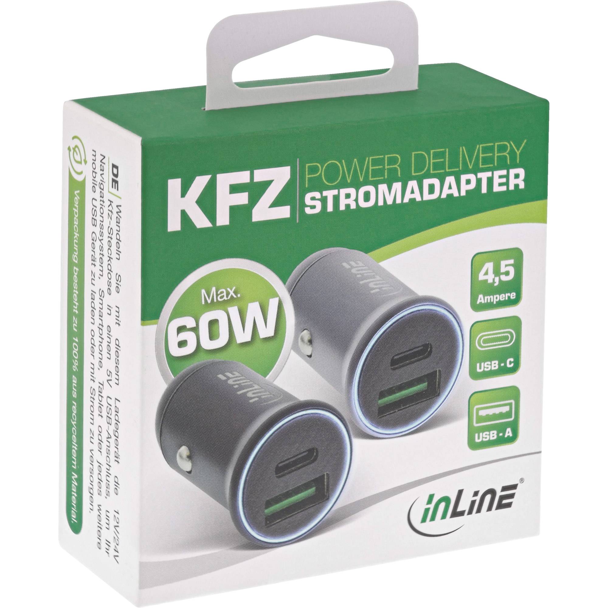 InLine USB KFZ Stromadapter Power Delivery - USB-A + USB-C - schwarz - Schwarz
