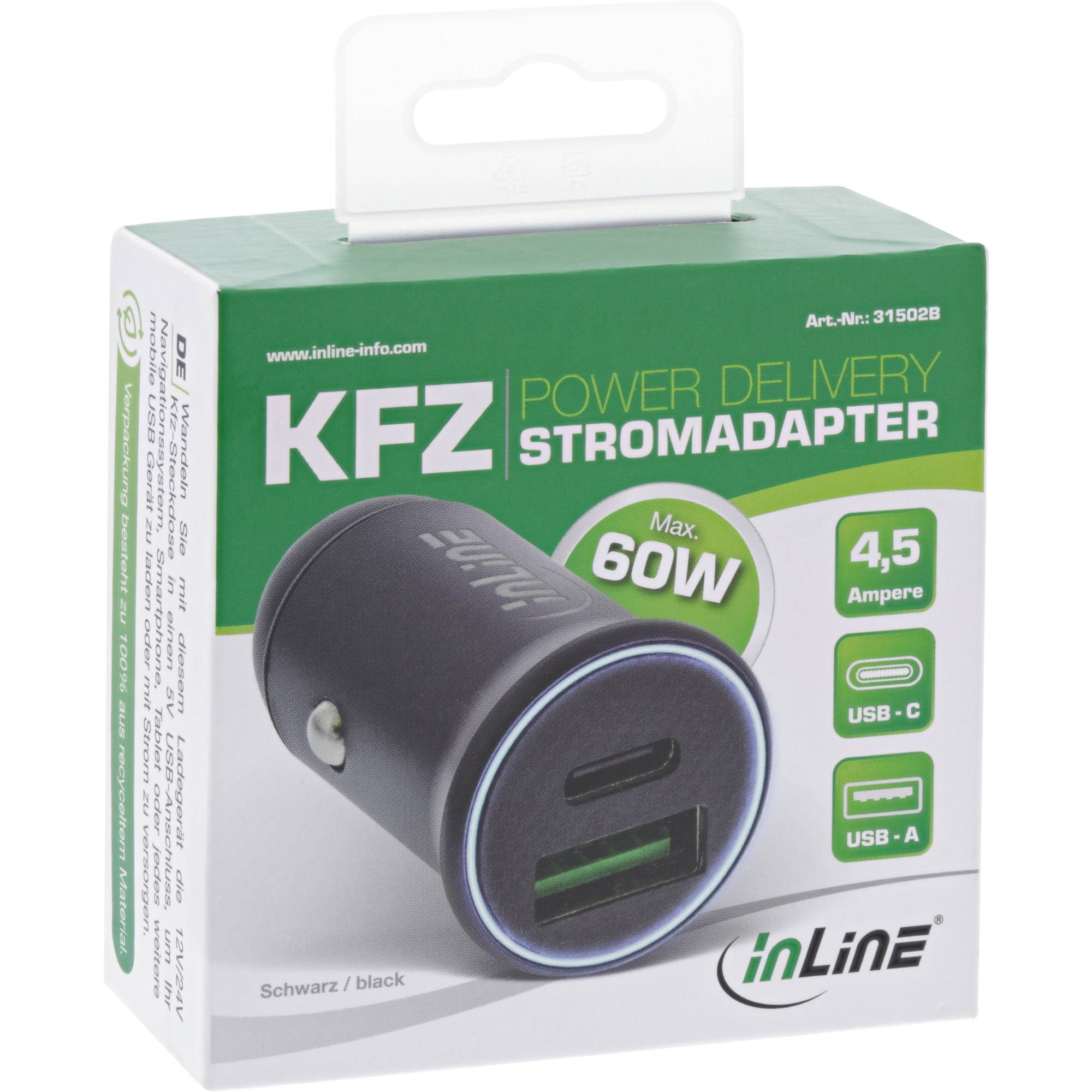 InLine USB KFZ Stromadapter Power Delivery - USB-A + USB-C - schwarz - Schwarz
