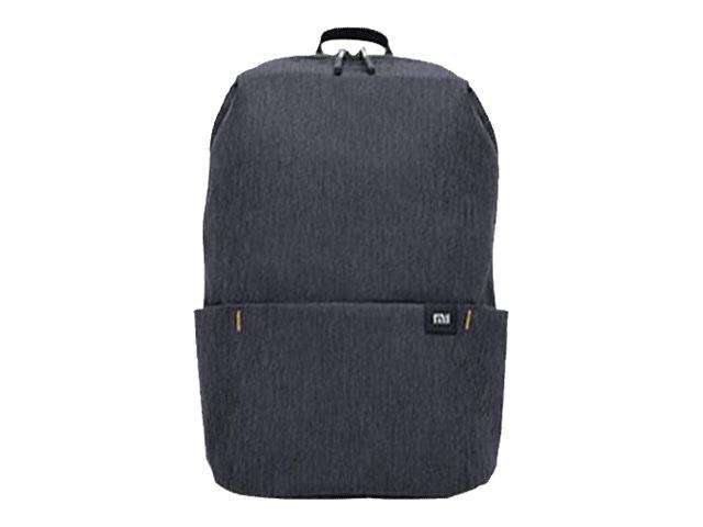 Ein schlanker, dunkelgrauer Rucksack mit simplem Design, ausgestattet mit einer Vordertasche und einem Tragegriff oben.