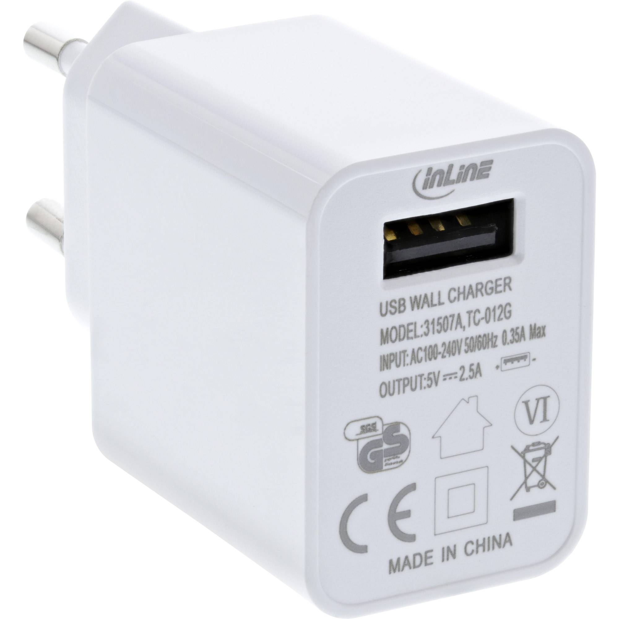 INLINE - USB Ladegerät Single - Netzteil - 100-240V zu 5V/2,5A - weiß