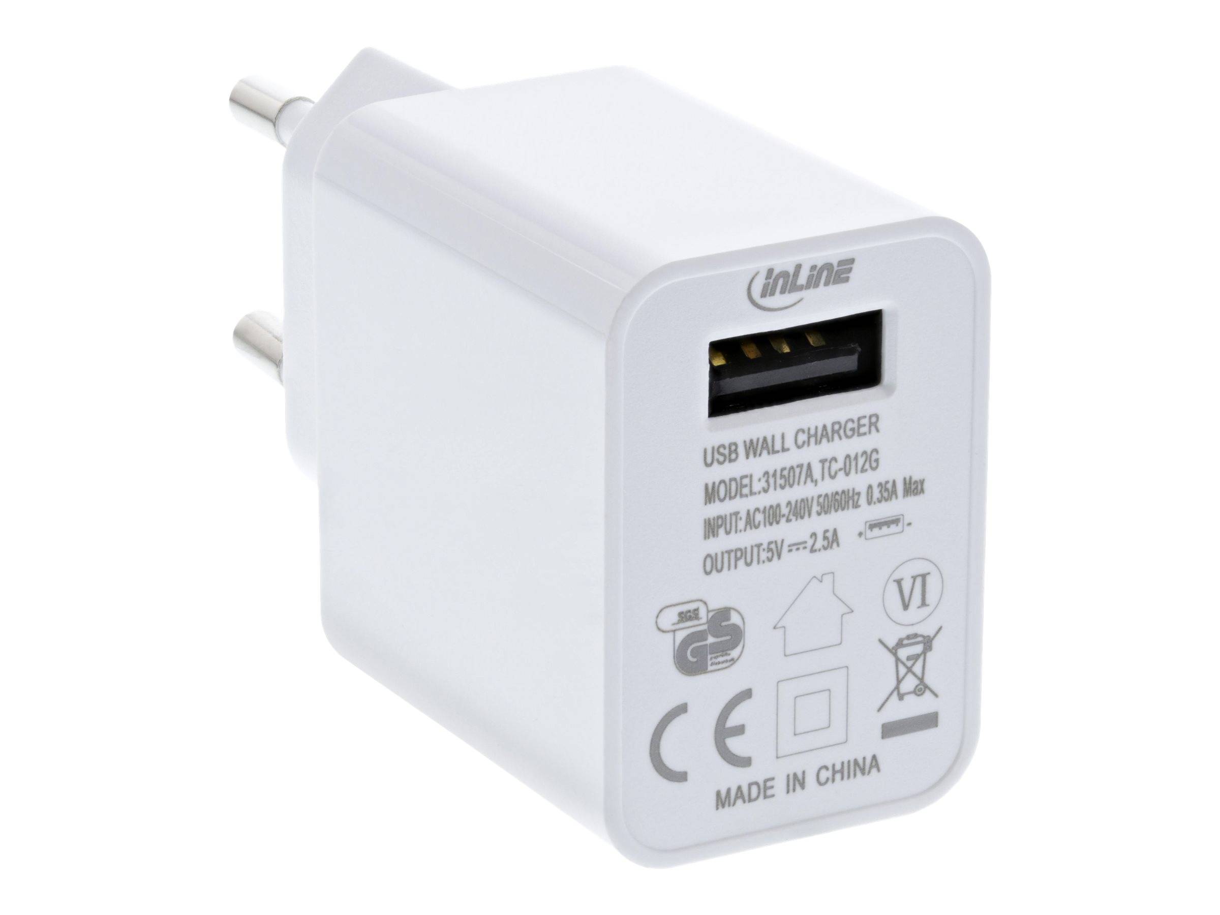 INLINE - USB Ladegerät Single - Netzteil - 100-240V zu 5V/2,5A - weiß
