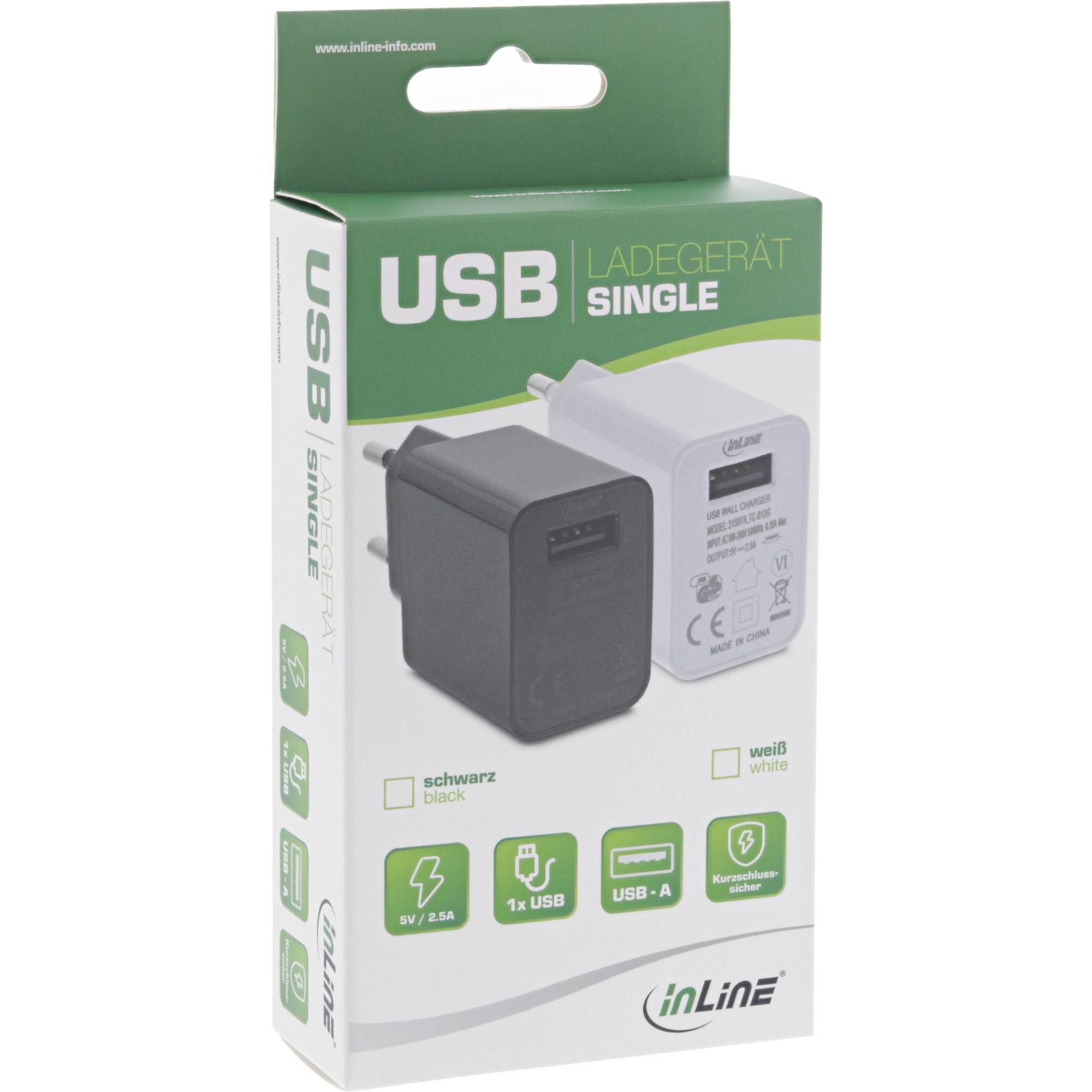 INLINE - USB Ladegerät Single - Netzteil - 100-240V zu 5V/2,5A - weiß