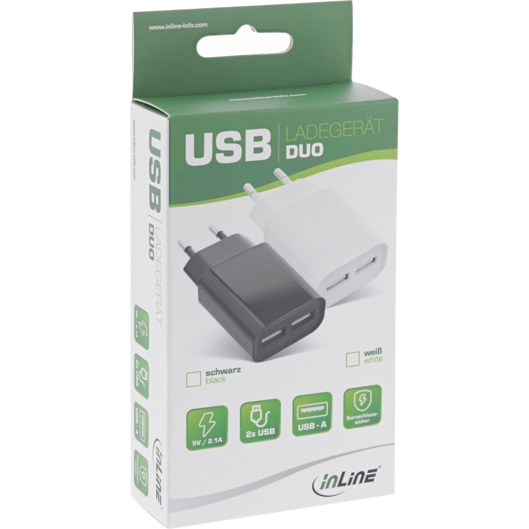 InLine USB Ladegerät DUO - Netzteil 2-fach - 100-240V zu 5V/2.1A - weiß - weiß