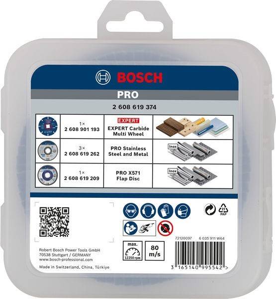 Ein Bosch Pro Werkzeugkoffer mit drei Typen von Scheiben: Expert Carbide Multi Wheel, Edelstahl und Metall sowie Pro X571 Fächerschleifscheibe.