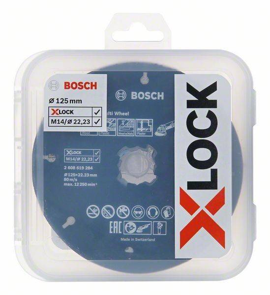Bosch X-Lock' Trennscheibe in transparenter Verpackung, gekennzeichnet mit Ø125 mm, M14/Ø22.23. Enthält Spezifikationsdetails und 'Made in Switzerland'.