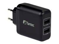 Ein schwarzer Dual-USB-Wandlader mit 'fantec' Logo. Ausgestattet mit zwei Anschlüssen, die mit '1.0A' und '2.1A' gekennzeichnet sind, auf einem europäischen Stecker-Adapter.