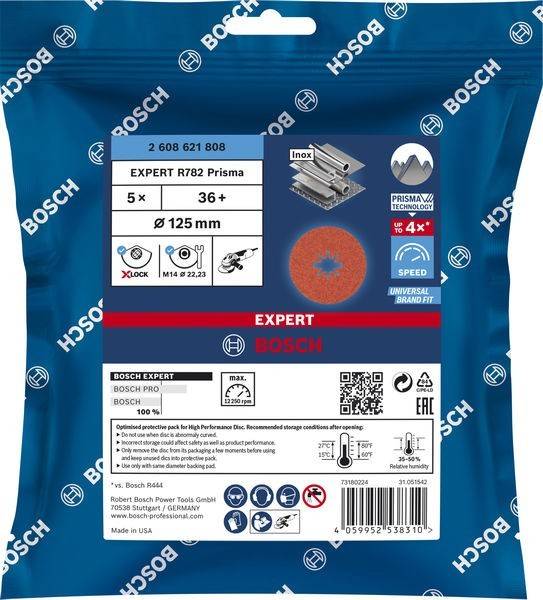 Bosch Expert R782 Prisma Trennscheibe Packung, 5 Scheiben, 125mm, 36+ Körnung, für Metallschnitte. Inklusive X-Lock, M14 und 22,23 Kompatibilität.