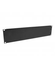 Ein schwarzes Metall-Blindblech mit abgerundeten Ecken und Löchern an jedem Ende zur Montage in einem Standard-19-Zoll-Serverrack.