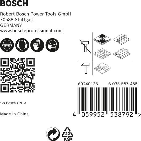 Bosch Bohreretuikette mit Symbolen für Verwendung auf verschiedenen Materialien. Enthält Barcode, QR-Code und Herstellungsdetails.