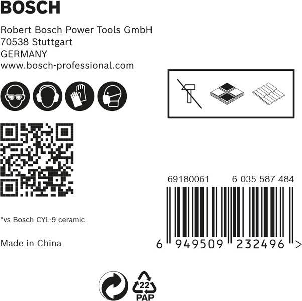 Label für Bosch-Produkt, enthält Sicherheitssymbole, QR-Code, Barcode und Firmendetails: 'Robert Bosch Power Tools GmbH, Stuttgart, Deutschland.