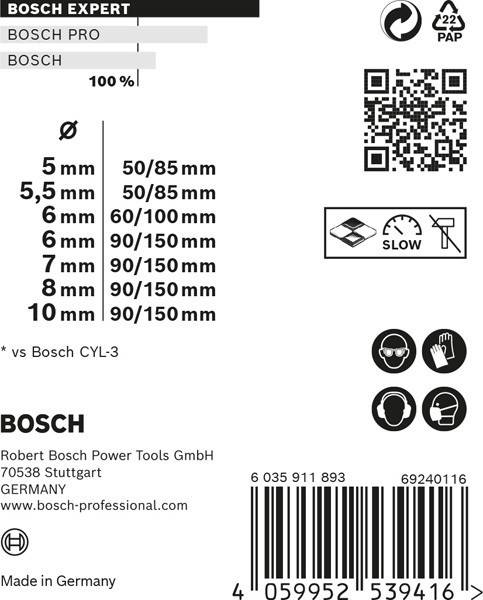 Größen- und Spezifikationschart für BOSCH-Bohrmaschinen, einschließlich Messmöglichkeiten, QR-Code und Kontaktdaten für Robert Bosch Power Tools GmbH.