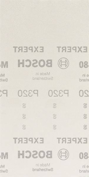 Nahaufnahme von Schleifpapier mit sichtbaren 'BOSCH'- und 'P320'-Markierungen, die Marke und Korngröße anzeigen. Symbol mit Kreis und 'H' oberhalb des Textes.